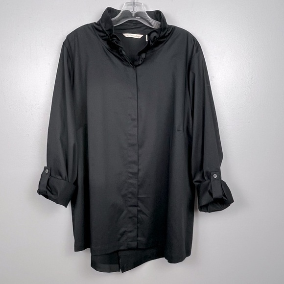 Soft Surroundings black roll tab sleeve ruffle collar split tail shirt, 2X. - Picture 1 of 11